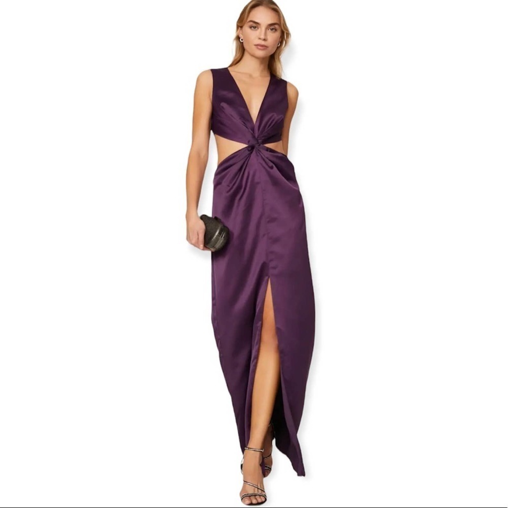 One33 social badgley mischka satin eggplant cutout maxi dress